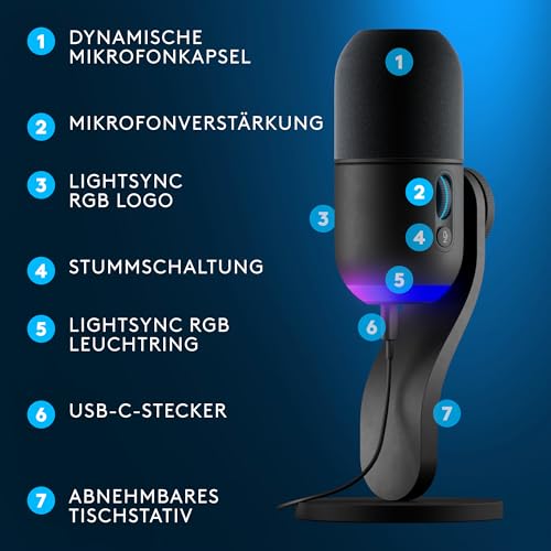 Logitech G Yeti GX dynamisches RGB-Gaming-Mikrofon mit LIGHTSYNC, USB-Mikrofon zum Streaming, Superniere, USB-Plug-and-Play für PC/Mac – Schwarz 6