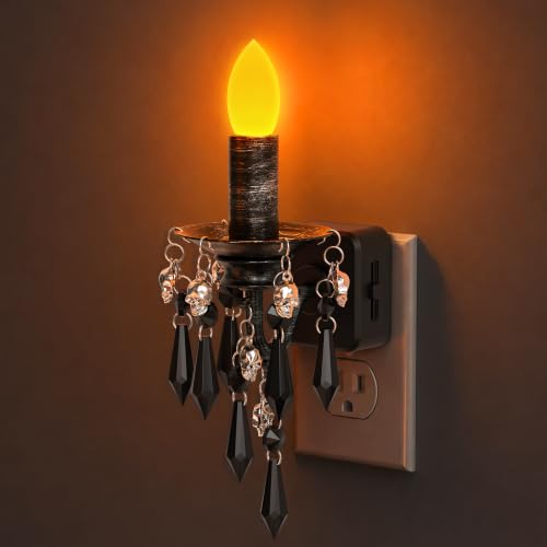 Image of Briignite Halloween Chandelier Night Light Plug in, Dusk to Dawn, Gothic | Dimmable Brightness Night Lights Plug into Wall, Amber Warm Glow, Skull Candlestick, Bathroom Bedroom Hallway Halloween Decor