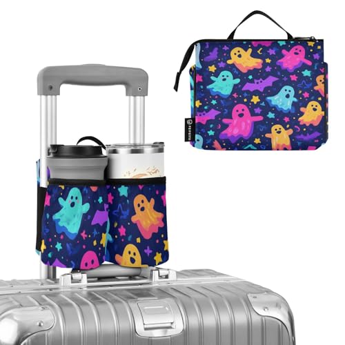 Image of Luggage Cup Holder for Suitcases Free Hands Suitcase Cup Holder Travel Luggage Drink Holder Portable Luggage Cup Caddy Bag Carrier with Handle Neon Halloween Ghosts Stars Bats