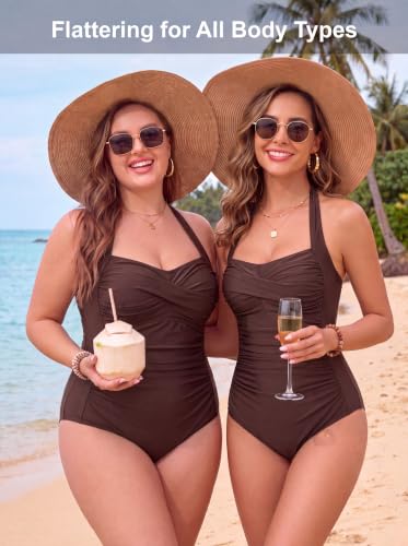 Image of Smismivo Tummy Control Swimwear Halter One Piece Slimming Vintage Retro Swimsuit Womens Ruched Push Up Bathing Suit