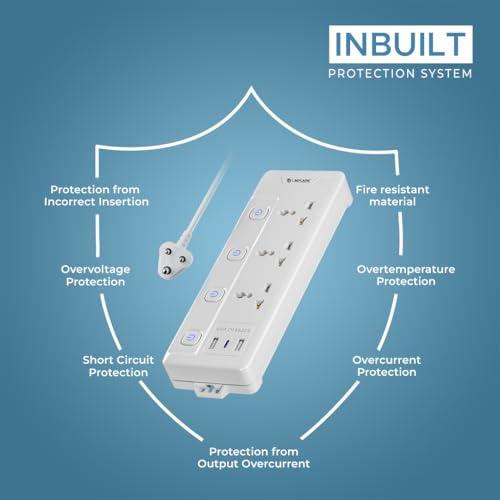 Image of Lapcare Smart Surge Protector with Individual Switch, 250 Volts Extension Board, 3AC Socket 2500W, PD 20w & 2xUSB, 1.5M Copper Cord, Overload Protection, Safety Shutter, Durable PP Body