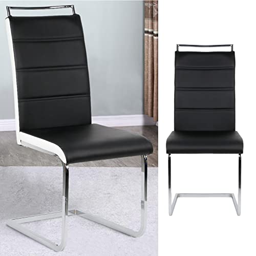 ShiShi Chaise Salle a Manger à Pieds Acier Chromé, Chaises de Cuisine à Haute Dossier, Chaises à Manger en Forme-S, Chaises Berçante Salle à Manger (Lot de 2 Noir-Blanc et Argent)
