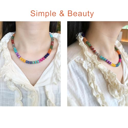 Beaded Gemstone Necklace for Women, Colorful Boho Bead Choker Natural Stone Surfer Beach Rainbow Color Bead 18K Gold Plated DIY Handmade Jewelry Charm Trendy Birthday Gifts4