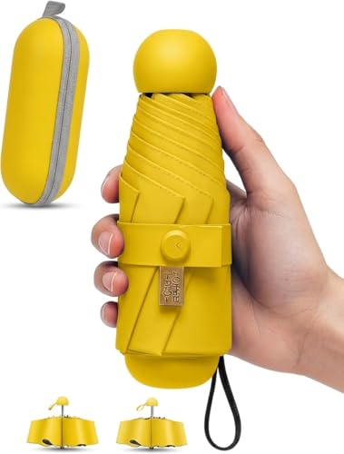 Guarda chuva de Bolso Ultra Compacto e Versátil – Mini Guarda-chuva Dobrável com Proteção UV, Leve e Portátil – Inclui Estojo Estilo Cápsula para Chuva e Sol (Amarelo)
