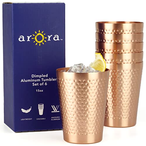 Arora Metal Anodized Hammered Copper Tumbler Set | Best Aluminum Cold-Drink Cup | 15oz Cup | Set of 6