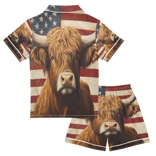 ALAZA Vintage Highland Cattle American Flag Satin Pajamas Set Short Sleeve Button Down Sleepwear Summer Pjs 2 Piece2