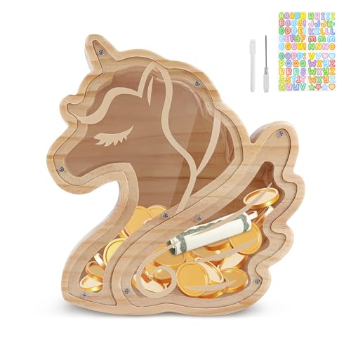 wooshwa Tirelire Enfant Fille Garçon, avec Marqueur & Autocollants Colorés, Tirelire en Bois Réutilisable, pour Aider Les Enfants à Commencer à Economiser...