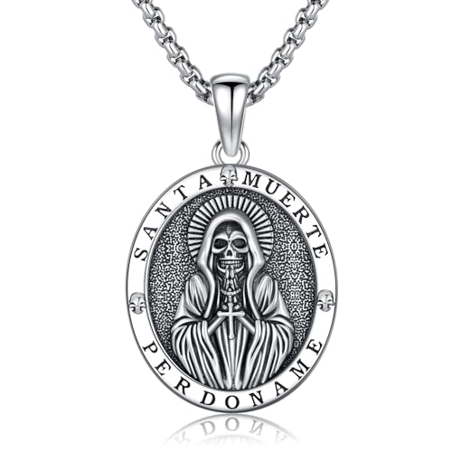 925 Sterling Silver Womens Amulet Necklace Santa Muerte/Triple Moon Goddess/Witch Knot/Skull Cowboy Pendant for Women Men Christmas Jewelry Gift