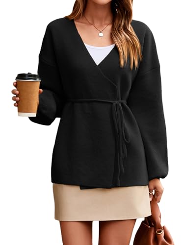 Saodimallsu Womens Wrap V Neck Cardigan Sweaters Tie Front Long Sleeve Soft Knit Dressy Work Fall Sweater Blazer