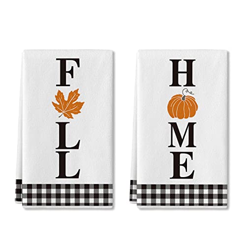 Artoid Mode Buffalo Plaid Pumpkin Home Fall Kitchen Towels Dish Towels, 18x26 Inch Seasonal Maple Leaf Decoration Hand Towels Set of 2