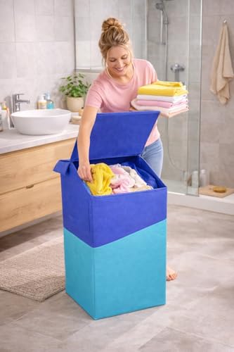 Image of 75L Large Laundry Basket with Lid, Foldable Non-Woven Fabric Clothes Hamper with Durable Handles, Heavy Duty Storage Bag for Bedroom, Bathroom, Nursery & Toys, Space-Saving Organizer (cross blue)