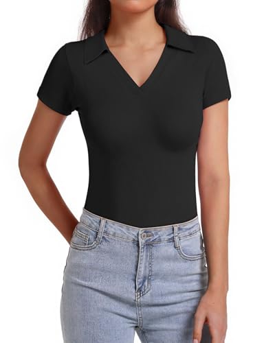 Polo Shirts for Women, Short Sleeve Business Casual Tops, V Neck Polo Collared Work Shirts, Ribbed Fitted Shirts2