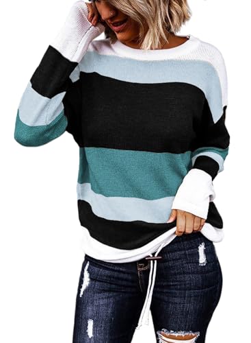 Image of Dokotoo Womens Sweaters Striped Fall Winter Outfits Drawstring Color Block | Long Sleeve,Crewneck,Lightweight Fashion Clothing,Teachers Comfy Outfits,Business Casual Tops,Vacation Wear