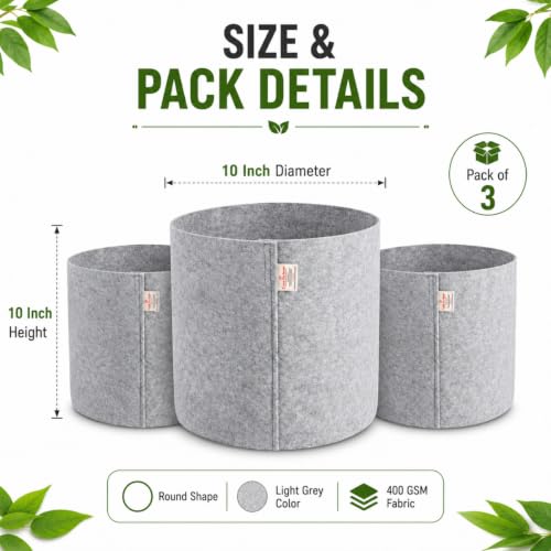 Image of Casa De Amor 400 GSM Geo Fabric Plant Grow Bag, Light Grey 10 x 10 Inch Pack of 3, Round Fabric Pots for Terrace, Balcony, Flowers & Vegetable Gardening