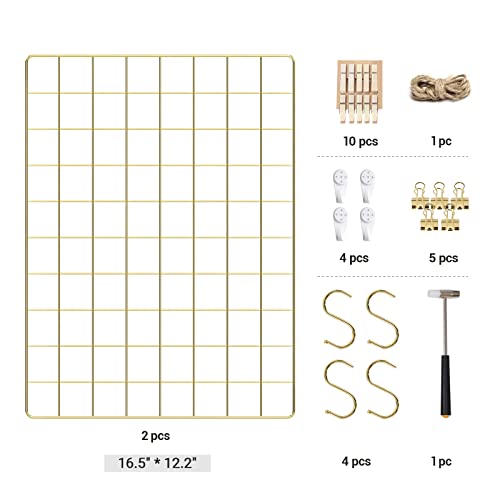 Songmics Grid Photo Wall, 16.5 X 12.2 Inches, Set Of 2, Wire Wall Grid Panel, Photo Wall Display, Diy, Hanging Picture Wall With S Hook, Clip, Hemp Cord, Golden Ulpp01Gd #TOP6