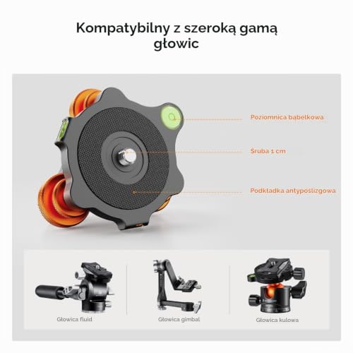 K&F Concept Podstawa do poziomowania głowicy statywu, aluminiowa podstawa poziomująca ze śrubą 3/8", precyzyjna regulacja kąta -5°, trójkołowiec do makro fotografii panoramicznej, z adapterem 1/4 na 3