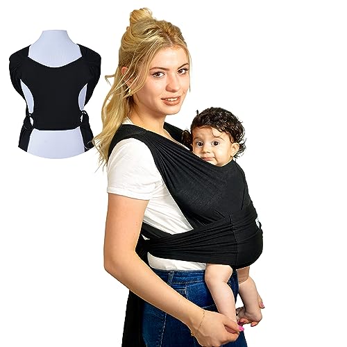 Image of ANGELYCIA- Baby Wrap Carrier, Baby Sling Carrier for Newborn to Toddler, Easy Baby Carrier, Stretchy Soft Breathable Baby Wraps Carrier (Black- Ringed Style)
