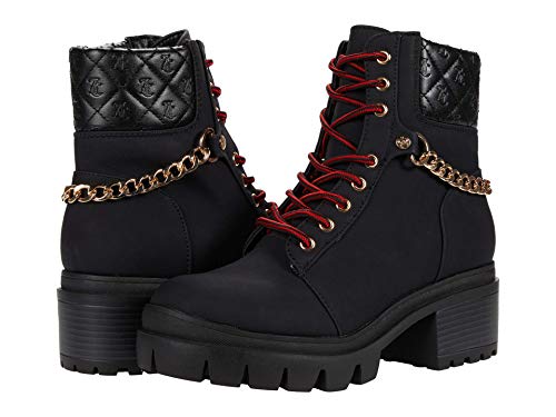 Juicy Couture Women's Question Lace Up Hiker Boot with Heel and Juicy Chain & Crown Stud, Lug Bottom Black 6.5