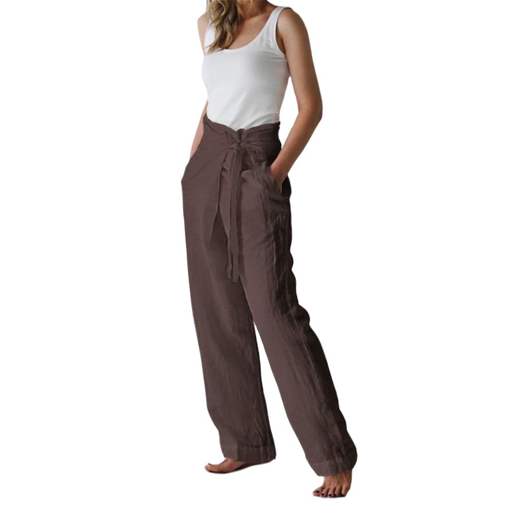 Cotton Linen Pants for Women Summer 2024 Casual Wide Leg Tie Knot Beach Pants with Pocket Palazzo Lounge