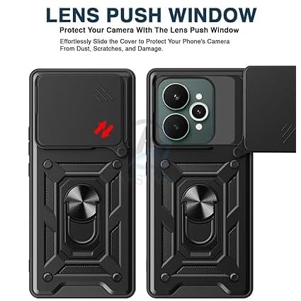 Image of SPAZY CASE Realme 15 Back Cover | Heavy Duty Hybrid Case with 360 Degree Rotating Finger Ring Holder + Slider Shutter Camera Protection Case for Realme 15 - Black