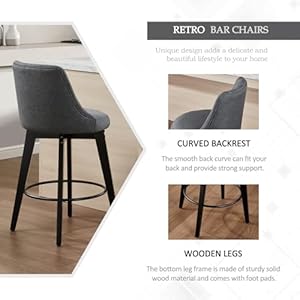 Virabit Swivel Bar Stools Set of 2 Linen Counter Height Bar Stools with Back Wooden Bar Stools for Kitchen Island Upholstered Bar Stools Grey