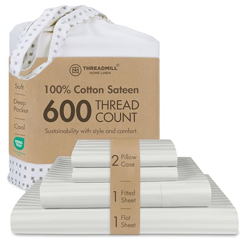 Image of Threadmill 100% Cotton Sheets for King Size Bed - 600 Thread Count King Bed Sheets Set with 16 inch Deep Pocket - Damask Stripe Sateen Weave 4-Piece Bedding Set with Cooling Effect, Light Grey