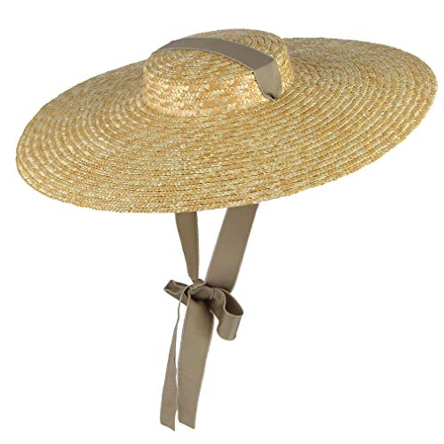Women Vintage Boater Straw Hat Wide Brim Flat Top Floppy Derby Straw Hat Beach Sun Hats with Chin Strap Brim