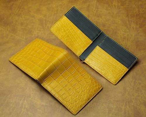 Image of HATA Yellow Black Bifold Wallet for Men, Men Exotic Billfold with Mixed Leather Interior, RFID Blocking Card Holder, Handmade Gift for Birthday, Anniversary, Father's Day VIMIX-91
