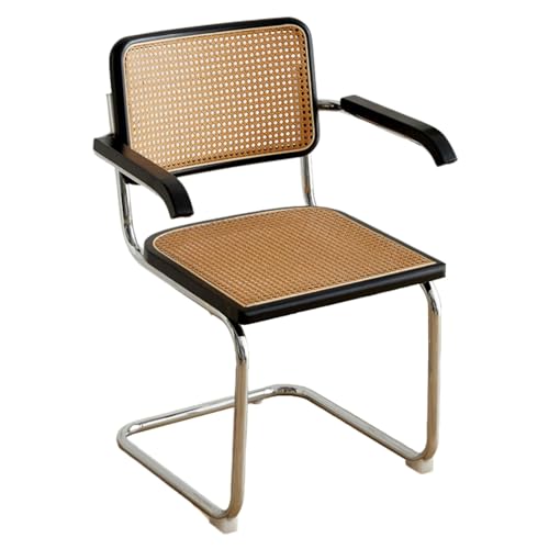Silla de comedor de mediados de siglo con respaldo de caña natural y base cromada, silla de cocina tapizada de ratán para sala de estar, dormitorio, comedor, silla moderna para patio