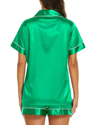 Image of Ekouaer Silk Pajamas for Women Short Sleeve Sleepwear Soft Button Down Loungewear 2 Piece Satin Pjs Shorts Set