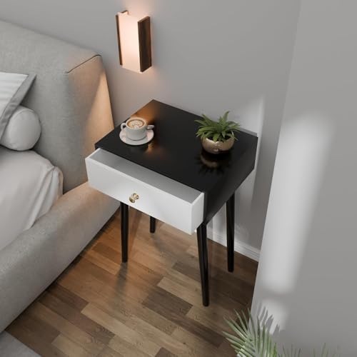 Image of Device Bas with BROWN ART SHOPPEE CoffeeTable with Drawer and Solid Wood Legs, Bedside Table for Bedrooms, Century Modern Drawer Storage Cabinet for Living Room Furniture (Black & White)