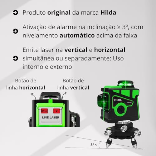 Nível a Laser 12 Linhas Verde Recarregável Esquadro Laser HILDA
