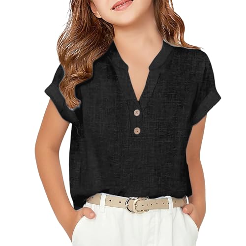 Girls Button Down Linen Shirt Short Sleeve V Neck Shirts Solid Color Comfy Tops Summer Casual Beach Dressy Tunic Top