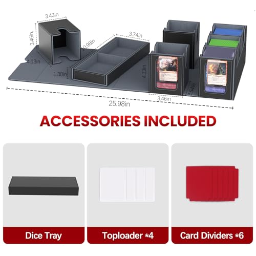 Image of Gomyrod Card Deck Box for MTG with Commander Display, 7 In 1 Card Storage Box Fits 600+ Double-sleeved Cards, Removable MTG Deck Case Fit for TCG /Sports /Baseball Cards with Dice Tray (Black & Grey)