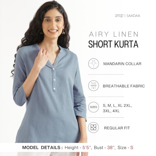 Image of SAADAA Women Short Kurti Airy Linen Regular Fit Kurta with 3 /4th Sleeves, Mandarin Collar, Side Slit Perfect for Casual, Formal, and Ethnic Wear