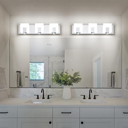Image of SOLFART Bathroom Vanity Lights Over Mirror 3 Lights Modern Chrome Bath Light Fixtures Stainless Steel Acrylic Shade