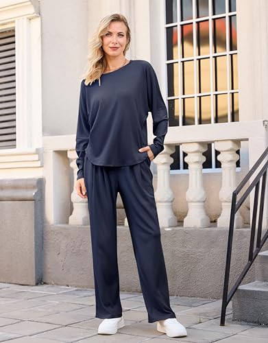 difficort Womens 2 Piece Outfits Batwing Sleeve Lounge Sets Wide Leg Loungewear Workout Sets with Pockets4