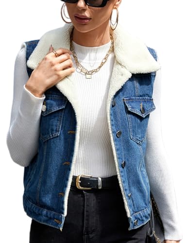 Perbai Womens Warm Fleece Lined Crop Denim Vest Lapel Button Down Loose Sleeveless Jean Sherpa Jacket
