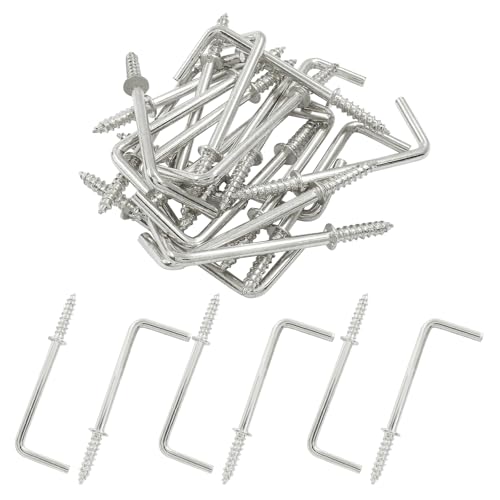PHITUODA 20 ganchos de tornillo en forma de L, ganchos cuadrados de 2 pulgadas, ganchos de tornillo en L, ganchos de tornillo en ángulo recto, ganchos de metal atornillados para colgar, color plateado