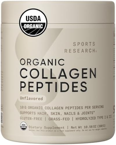 Sports Research­® Organic Collagen Peptides - Hydrolyzed Type I & III Collagen Protein Powder Made Sustainably from Grass-Fed Cows - Unflavored - 30 Servings