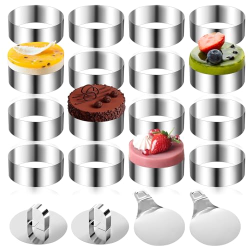 16-Piece Mousse Ring Set - 8cm Stainless Steel Cake Rings, Round Mousse Moulds with Food Press Spatula for Crumpets, Eggs, Pastries & Desserts