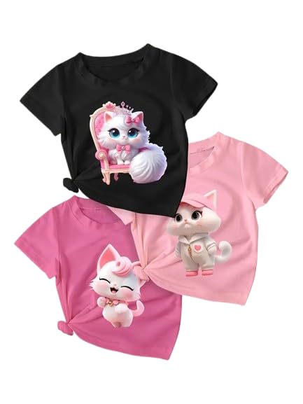 Girls’ Cute Cartoon Cat Printed T-Shirts Combo – Pack of 3 | Soft Cotton Tees in Black & Pink Shades | Stylish & Comfy Casual Wear for Kids