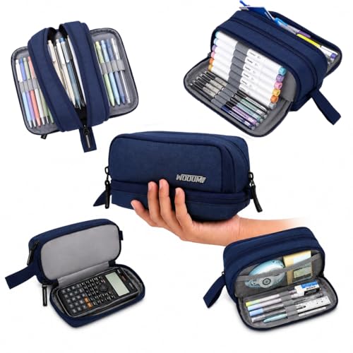Image of Wooum Fabric Extra Large Capacity Kawaii Pencil Cases Large Pencil Case, Cute Pencil Case, Back to School, Makeup Bag, College and Office Supplies, Travel Case (Khadi Navy Blue)