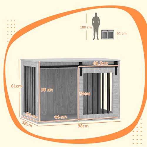 PawHut Hundekäfig 98 cm Hundebox für Zuhause mit Abschließbar Schiebetüren Moderne Metall Indoor Hundehütte für große Hunde Hundehaus 98 x 58 x 61 cm Grau