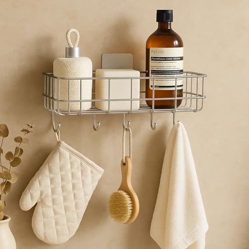 Image of Sulfar Steel Self Adhesive Multipurpose Bathroom Shelf with Hooks /Towel Holder /Rack /Bathroom Accessories-Wall Mount (Black,Powder Coated) (Pack of 1)