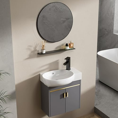 YUGXTH Lavabo Sobre Encimera, Tocador de Baño Montado en La Pared, Gabinetes de Lavabo de Baño, Lavabo de Cerámica con Espejo y Contenedor de Almacenamiento, Fregadero de Cerámica Integrado(48cm/18.9i