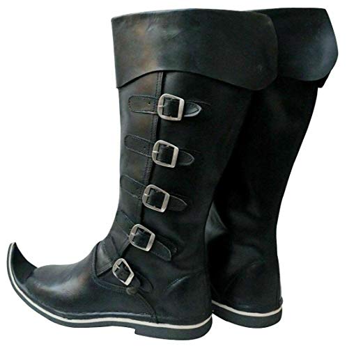 Image of AnNafi 5 Buckle Medieval Leather Boots | Renaissance Inspired Loafer Boot | Halloween Caribbean Pirate Costume Boots | Cowboy Boots (Large, Black