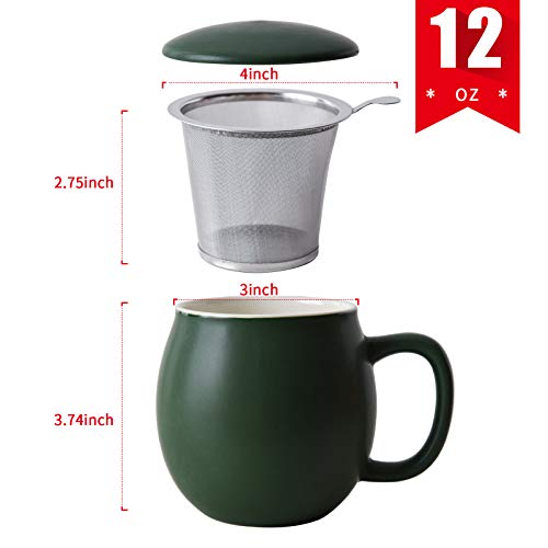 Image of Yundu 12 OZ Matte Green Ceramics Teacup with Infuser and Lid, Mug with Lid for Steeping - Stainless Steel Infuser for Loose Leaf Tea, Home Office Gift for Tea Lovers