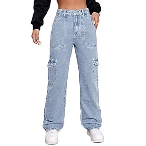Alaster Queen Damen Jeans Hohe Taille Trendy Cargo Jeans Stretch Wide Leg Denim Hose