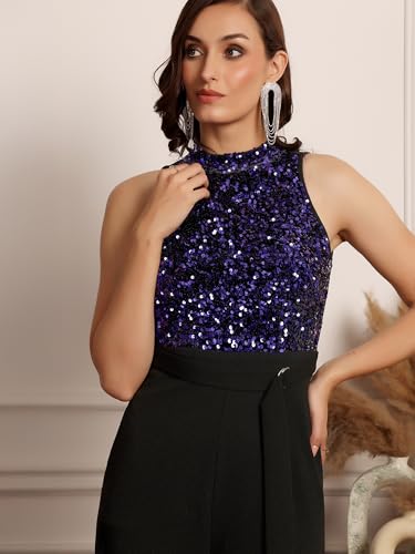 Image of Miss Chase Womens Halter Neck Sleeveless Embellished Regular-Length Jumpsuit